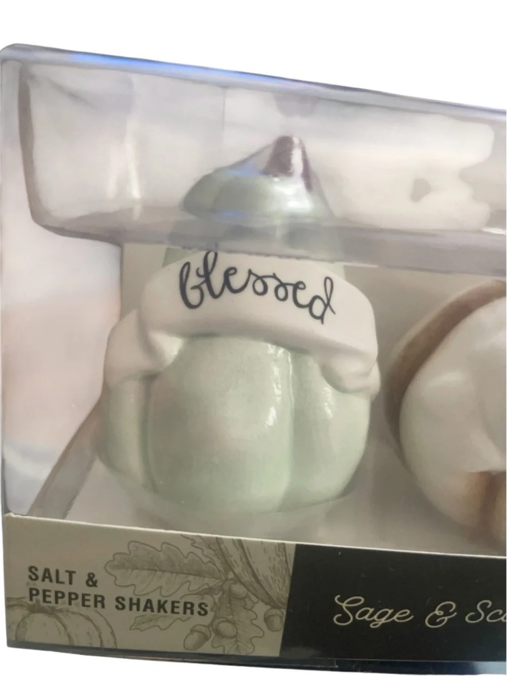 'Blessed' and 'Thankful' Ceramic Salt & Pepper Shaker Set - Pastel Green & Cream